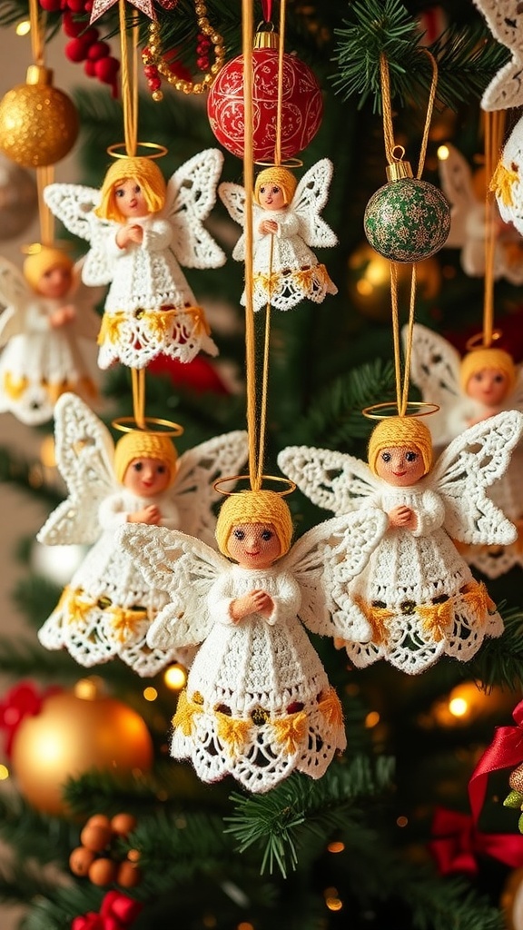 Crochet angel ornaments in white and gold hanging on a Christmas tree.